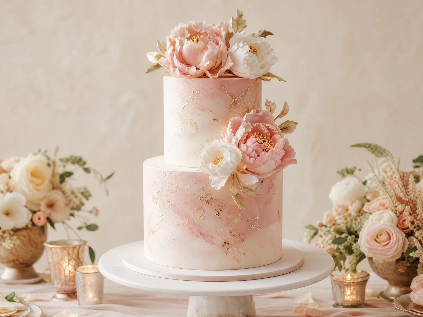 粉色双层糖花婚礼蛋糕参赛作品